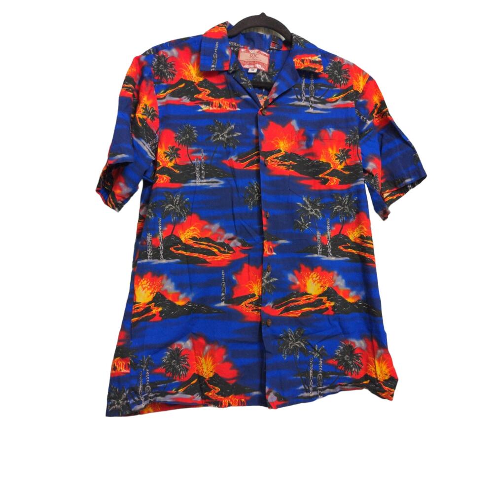 RJC Hawaiian Shirt Aloha Palm Trees Volcano Mountains Tropical Short Sleeves M
